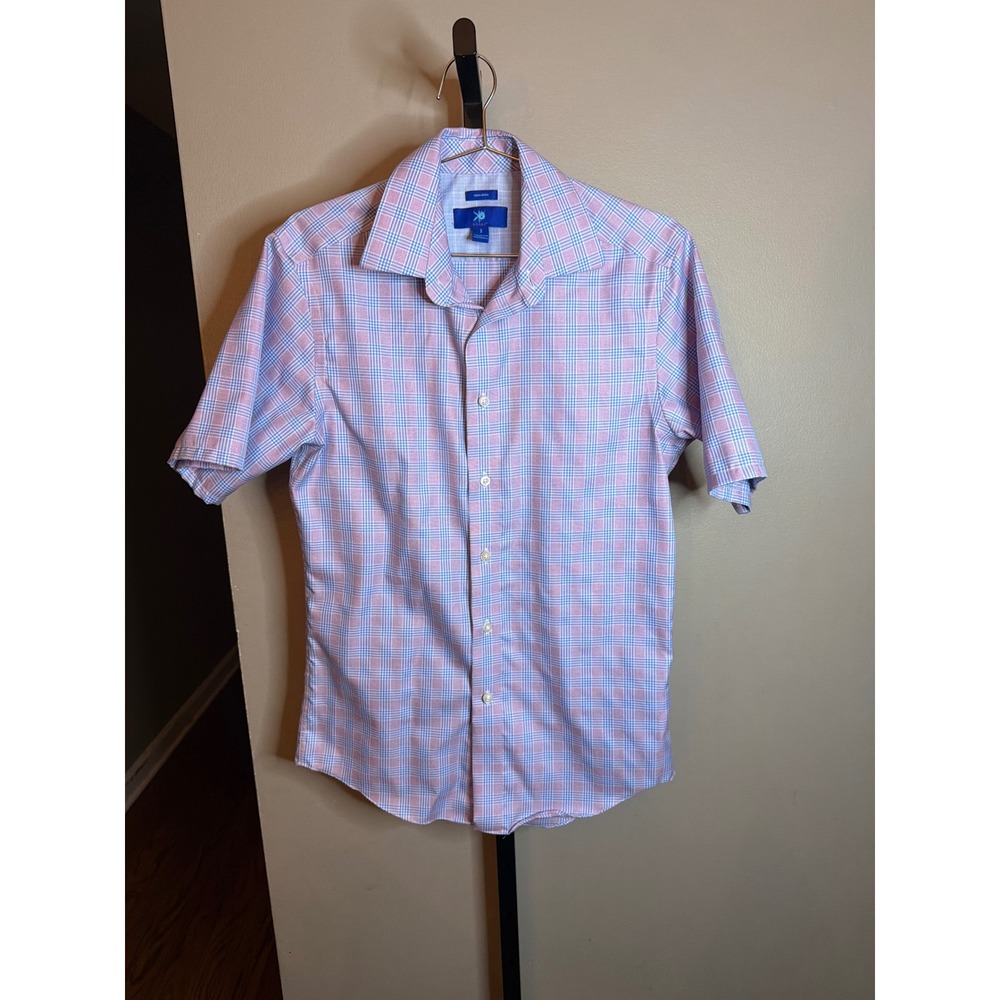 Egara Mens Pink Blue Plaid Non-Iron Short Sleeve Button Down Shirt Small